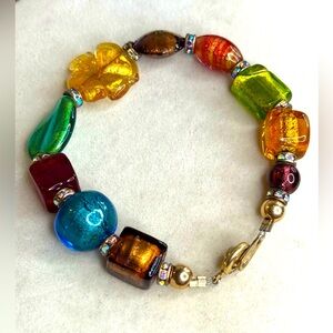 Murano Style Art Glass Bead Bracelet Multicolor Foil Beads Gold Clasp 7”